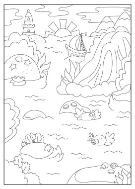 Siyah-beyaz vektör deniz kızı arazi çizimi. Şelalesi, kayaları, yelkenli gemisi olan deniz lagünü arka planı. Boş okyanus doğası krallığı dikey çizgi sahnesi veya boyama pag