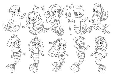 Siyah ve beyaz vektör denizkızları ayarlandı. Okyanus prensesiyle birlikte sualtı krallığı koleksiyonu, prens. Çocuklar için karikatür deniz masalı boyama sayfası. Su maceraları sirenlerle, mermelerle doludur.