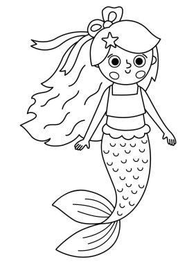 Peri masalı siyah beyaz vektör deniz kızı. Beyaz arka planda izole edilmiş fantezi balık kız. Peri masalı prensesi. Hazine adası, korsan, sualtı macera çizgisi ikonu. Şirin kız siren boyama bezi.