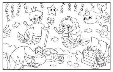 Denizkızı ve mızraklı bir çocuk olan siyah ve beyaz manzara çizimi. Deniz prensesi, prens ve hazine sandığıyla okyanus ya da deniz krallığı sahnesi. Yatay peri masalı renklendirme bezi