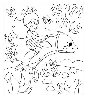 Vector siyah ve beyaz manzara çizimi. Üzerinde yunus sürücüsü olan bir deniz kızı. Deniz yosunlarıyla okyanus ya da deniz krallığı sahnesi, deniz prensesi. Çocuk için kare peri masalı boyama sayfası