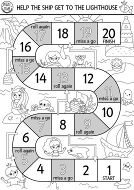 Deniz kızı, deniz prensesi olan çocuklar için siyah-beyaz zar oyunu. Lagün manzaralı deniz hattı boyama sayfası. Peri masalı basılabilir aktivitesi. Geminin deniz fenerine gitmesine yardım et