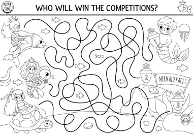 Deniz kızı siyah ve beyaz ırklar, deniz prensesi olan çocuklar için labirent görevi görür. Denizci basılabilir aktivitesi. Okyanus krallığı labirent oyunu, boyama sayfası. Yarışmalarla çalışma tablosu