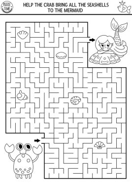Deniz kızı deniz kabuklu yengeçli çocuklar için siyah-beyaz labirent. Denizci basılabilir aktivitesi. Peri masalı hattı okyanus krallığı geometrik labirent oyunu, boyama sayfası. Deniz prensesiyle çalışma listesi.