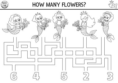 Deniz kızı, deniz yosunu çiçekli çocuklar için labirent sayıyor. Denizci basılabilir aktivitesi, boyama sayfası. Okyanus krallığı labirent hattı oyunu. Deniz prensesiyle matematik ödevi
