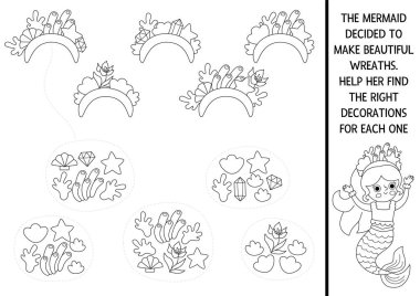 Denizkızı siyah ve beyaz saç bantları ve parçalarıyla uyumlu aktivite. Deniz prensesiyle deniz bulmacası. Okyanus Krallığı basılabilir çalışma tablosu. Peri masalı mantıksal eşleştirme sayfası