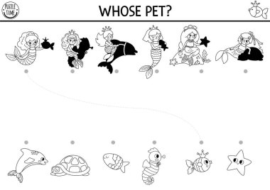 Deniz kızı siyah ve beyaz gölgeler deniz prensesiyle eşleşiyor. Okyanus krallığı bulmacası. Kayıp hayvanlar var. Doğru siluet yazdırılabilir çalışma tablosu bul, oyun. Çocuklar için deniz boyama sayfası