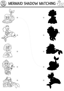 Deniz kızı siyah ve beyaz gölgeler deniz prensesiyle eşleşiyor. Şirin kızlar ve evcil hayvanlarla dolu bir okyanus krallığı bulmacası. Doğru siluet yazdırılabilir çalışma tablosunu bul. Çocuklar için deniz boyama sayfası