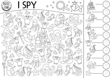 Siyah beyaz denizkızı. Çocuklar için casusluk oyunu. Deniz adamı, saray, gemi ve ahtapotla arama, sayma faaliyetleri. Okyanus Krallığı basılabilir çalışma tablosu, boyama sayfası. Denizci lekeleme bulmacası