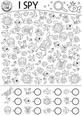 Siyah beyaz denizkızı. Çocuklar için casusluk oyunu. Arp, kaplumbağa ve deniz kabuğuyla arama ve sayma hareketleri. Peri masalı okyanus krallığı çizgisi çocuklar için basılabilir çalışma tablosu. Denizci lekeleme bulmacası