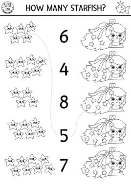 Siyah-beyaz deniz kızı oyununu prenses ve deniz yıldızı saçlarıyla karşılaştır. Çocuklar için peri masalı okyanus krallığı matematik aktivitesi. Denizcilik çizgisi eğitim sayım çizelgesi, boyama sayfası
