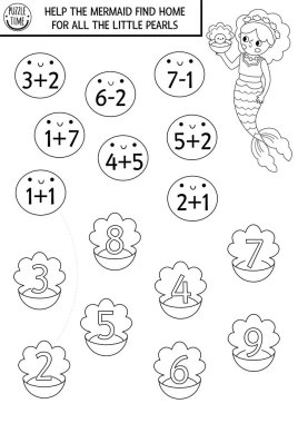 Siyah-beyaz deniz kızı oyununu deniz prensesi, inci ve deniz kabuklarıyla say ve eşleştir. Çocuklar için okyanus krallığı matematik aktivitesi. Deniz Eğitim Sayım Çalışma Kağıdı, Boyama Sayfası