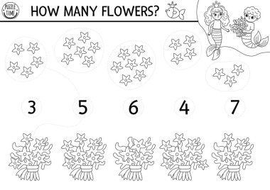 Siyah-beyaz deniz kızı oyununu deniz adamı, yosun çiçeği buketi ve deniz prensesiyle eşleştir. Okyanus krallığı matematik aktivitesi. Deniz Eğitim Sayım Çalışma Kağıdı, Boyama Sayfası