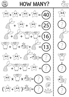 Denizci kaç denizyıldızı siyah-beyaz oyunu, denklem ya da geri dönüş. Deniz kızı matematik aktivitesi ya da boyama sayfası. Peri masalı okyanus krallığı çizgisi matematik basılabilir çalışma tablosu yengeç, kuyruk, balık