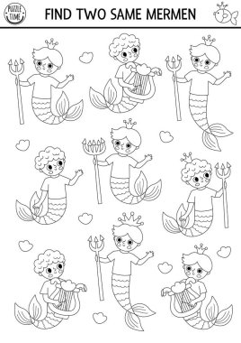 Aynı iki denizadamını bul. Siyah ve beyaz peri masalları, çocuklar için okyanus krallığı aktivitelerini eşleştiriyor. Deniz eğitimli sınav kağıtları ya da çocuklar için boyama sayfası. Deniz Prensi ile satır yazdırılabilir oyun