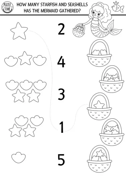 stock vector Match the numbers mermaid black and white game, coloring page with princess gathering starfish, seashells. Fairytale ocean kingdom math line activity. Marine educational counting worksheet