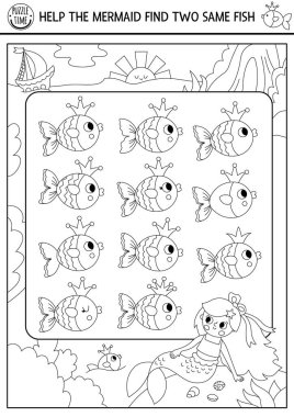 İki tane aynı balığı bul. Siyah ve beyaz okyanus krallığı deniz kızı ve deniz manzarası ile aktiviteleri eşleştiriyor. Çocuklar için deniz eğitim sınavı ödevi. Satır yazdırılabilir oyun, renklendirilebilir sayfa