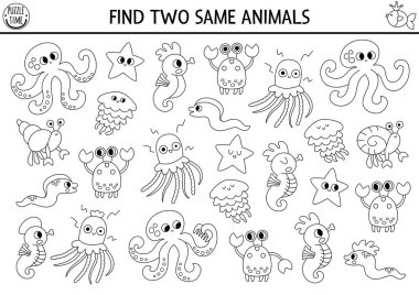 İki tane aynı su hayvanını bul. Siyah ve beyaz okyanus krallığı aktivitelerle eşleşiyor. Deniz eğitimli sınav kağıtları ya da çocuklar için boyama sayfası. Yengeç, denizanası, denizyıldızı ve ahtapotla basılabilir çizgi oyunu