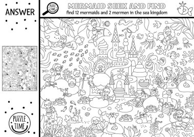 Peri masalı okyanus krallığı peyzajı ve sarayı olan siyah beyaz vektör deniz kızı oyunu. Gizli prenses boyama sayfası. Deniz hattı çocuklar için yazdırılabilir etkinlik arıyor