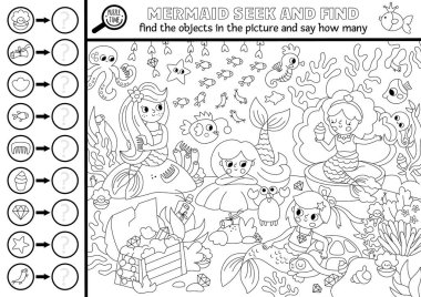 Okyanus krallığı manzaralı siyah beyaz vektör deniz kızı oyunu. Gizli nesneleri tespit et ve kaç tane olduğunu söyle. Fantezi çocuklar için basılabilir yazıcı etkinliği, boyama sayfası ara ve bul