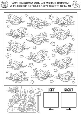 Denizkızı mantığı çocuklar için sağ ve sol kavramlı siyah ve beyaz bir oyun. Deniz prensesiyle casusluk yapıyorum, aktiviteleri sayıyorum. Okyanus krallığı basılabilir uzay yönelimi çalışma tablosu, renklendirme sayfası