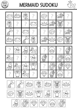 Resimli çocuklar için siyah-beyaz sudoku bulmacası. Kesik ve yapıştırıcı elementli deniz hattı testi. Eğitim aktivitesi ya da balık, kuyruk, yengeç ve arp içeren boyama sayfası. Eksik nesneleri çiz