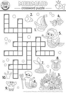 Çocuklar için siyah beyaz vektör deniz kızı bulmacası. Deniz adamı, gemi, saray, balık ve yengeçle boyama sayfası. Okyanus Krallığı sınırı Deniz Prensesi ile eğitimsel çapraz kelime etkinliği