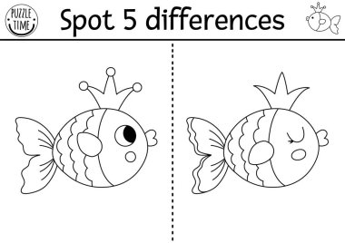 Çocuklar için farklılık oyunu bul. Balıkdeniz prensesiyle denizkızı siyah-beyaz eğitim aktivitesi. Hayvanı olan çocuklar için bulmaca, Crown. Dikkat çekme becerileri için yazdırılabilir satır çalışması veya sayfa