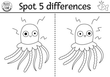 Find differences game for children. Mermaid black and white educational activity with jellyfish. Cute puzzle for kids with funny animal. Printable line worksheet or coloring page for attention skills clipart