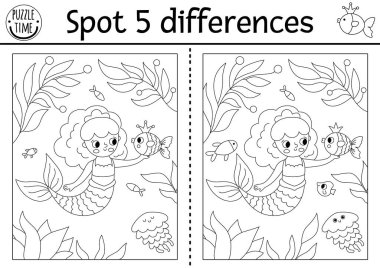 Çocuklar için farklılık oyunu bul. Deniz kızı, deniz prensesi, deniz altı manzarası, denizanası ile ilgili siyah beyaz aktiviteler. Çocuklar için bulmaca. Dikkat çekme becerileri için yazdırılabilir satır çalışması veya renklendirme sayfası