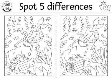 Çocuklar için farklılık oyunu bul. Deniz kızı, deniz prensesinin hazine sandığına yüzdüğü siyah beyaz bir aktivite. Çocuklar için bulmaca. Dikkat çekme becerileri için yazdırılabilir satır çalışması veya renklendirme sayfası