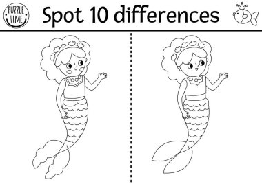 Çocuklar için farklılık oyunu bul. Deniz kızı deniz prensesiyle siyah beyaz eğitim aktivitesi. Kuyruklu kızlar için bulmaca. Dikkat çekme becerileri için yazdırılabilir satır çalışması veya renklendirme sayfası