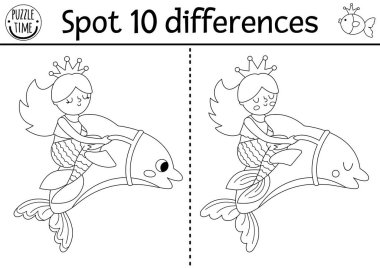 Çocuklar için farklılık oyunu bul. Deniz kızı, yunusa binen deniz prensesiyle siyah beyaz eğitim aktivitesi. Kuyruklu kızlar için bulmaca. Yazdırılabilir satır çalışma sayfası veya renklendirme sayfası