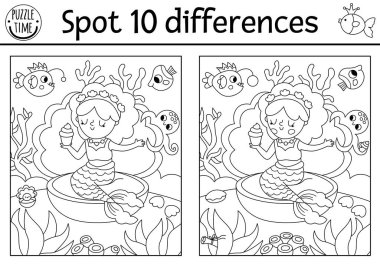 Çocuklar için farklılık oyunu bul. Deniz kızı, deniz kabuklu deniz prensesiyle siyah beyaz eğitim aktivitesi. Çocuklar için şirin bir bulmaca. Yazdırılabilir satır çalışma sayfası veya renklendirme sayfası