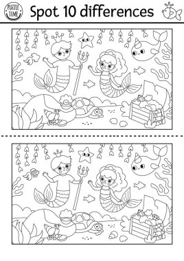 Farklılık oyunu bul. Deniz kızı, deniz prensesi, deniz adamı ve hazine sandığıyla siyah beyaz eğitim aktivitesi. Çocuklar için bulmaca. Dikkat çekme becerileri için yazdırılabilir satır çalışması veya renklendirme sayfası
