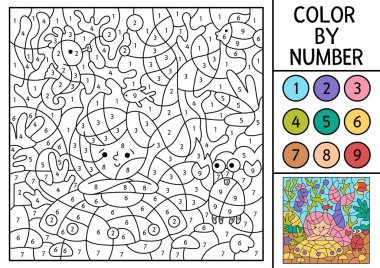 Sevimli deniz prensesi, yengeç ve deniz atı ile numaralar halinde vektör deniz kızı rengi. Deniz manzarası. Siyah beyaz sayma oyunu. Su hayvanları olan çocuklar için Okyanus Krallığı boyama sayfası