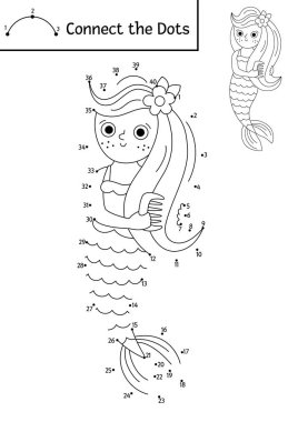 Saçını tarayan sevimli denizkızıyla nokta nokta ve renk aktivitesi. Okyanus krallığı, noktaları deniz prensesiyle birleştiriyor. Çocuklar için deniz boyama sayfası. Sualtı yazdırılabilir çalışma alanı