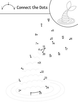 Şirin deniz kızı kuyruğuyla nokta nokta ve renk aktivitesi. Okyanus krallığı, noktaları deniz prensesiyle birleştiriyor. Çocuklar için deniz boyama sayfası. Sualtı yazdırılabilir çalışma alanı