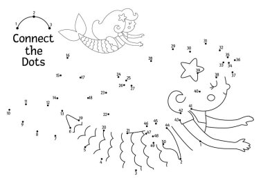 Şirin bir denizkızıyla nokta nokta ve renk aktivitesi. Okyanus krallığı, noktaları deniz prensesiyle birleştiriyor. Çocuklar için deniz boyama sayfası. Sualtı yazdırılabilir çalışma alanı