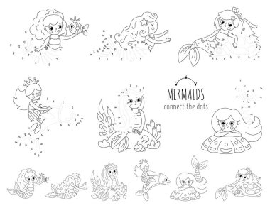 Şirin denizkızlarıyla nokta nokta ve renk aktiviteleri ayarlandı. Okyanus krallığı, deniz prensesi koleksiyonu ile noktaları birleştiriyor. Çocuklar için deniz boyama sayfası. Sualtı yazdırılabilir çalışma alanı