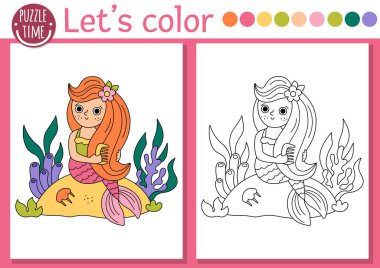 Deniz kızı boyama sayfası şirin deniz prensesi olan çocuklar için. Vektör Okyanus Krallığı çizimi. Renkli örnekleri olan çocuklar için boyama kitabı. Sualtı çizim becerileri yazdırılabilir çalışma alanı