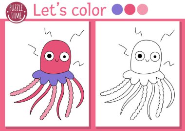 Şirin denizanası olan çocuklar için deniz kızı boyama sayfası. Vektör Okyanus Krallığı çizimi. Renkli örnekleri olan çocuklar için boyama kitabı. Sualtı çizim becerileri yazdırılabilir çalışma alanı