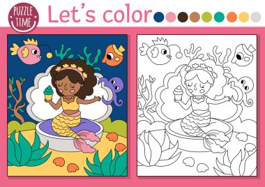 Deniz prensesi kek yiyen çocuklar için deniz kızı boyama sayfası. Okyanus krallığı sahnesinin vektör çizimi. Çocuklar için boyama kitabı. Sualtı çizim becerileri yazdırılabilir çalışma alanı