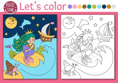 Deniz prensesi, gemi ve gece gökyüzü olan çocuklar için deniz kızı boyama sayfası. Okyanus krallığı sahnesinin vektör çizimi. Çocuklar için boyama kitabı. Sualtı çizim becerileri yazdırılabilir çalışma alanı