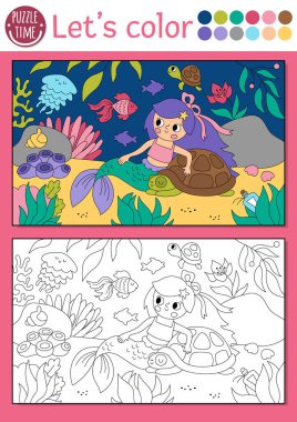 Deniz prensesi ve kaplumbağası olan çocuklar için deniz kızı boyama sayfası. Okyanus krallığı sahnesinin vektör çizimi. Çocuklar için boyama kitabı. Sualtı çizim becerileri yazdırılabilir çalışma alanı