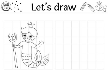 Deniz adamını çiz. Vector Okyanus Krallığı deniz prensi ile çalışma çizelgesi çiziyor. Çocuklar için su altı basılabilir siyah-beyaz aktiviteleri. Deniz kopyası ya da resim boyama kağıdını tamamla