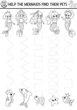Vektör deniz kızı el yazısı alıştırması. Anaokulu çocukları için okyanus krallığı basılabilir siyah-beyaz aktivitesi. Yazma becerileri için izleme oyunu. Su hayvanlarıyla boyama sayfası, deniz prensleri.