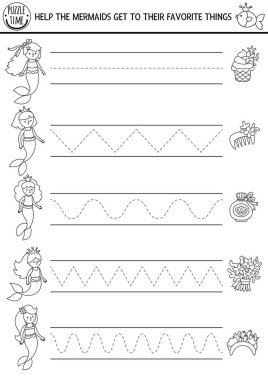 Vektör deniz kızı el yazısı alıştırması. Anaokulu çocukları için okyanus krallığı basılabilir siyah-beyaz aktivitesi. Yazma becerileri için izleme oyunu. Deniz prensesiyle boyama sayfası, tarak, kek