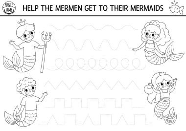 Vektör deniz kızı el yazısı alıştırması. Anaokulu çocukları için okyanus krallığı basılabilir siyah-beyaz aktivitesi. Yazma becerileri için izleme oyunu. Deniz prensesi ve merma ile boyama sayfası