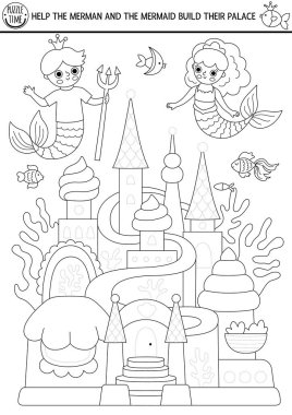 Denizkızı kalesini takip et. Vektör Okyanus Krallığı çalışma tablosu çiziyor. Çocuklar için basılabilir siyah-beyaz aktivitesi. Deniz prensesi eviyle peri masalı boyama sayfası. Su altı sarayını dekore et